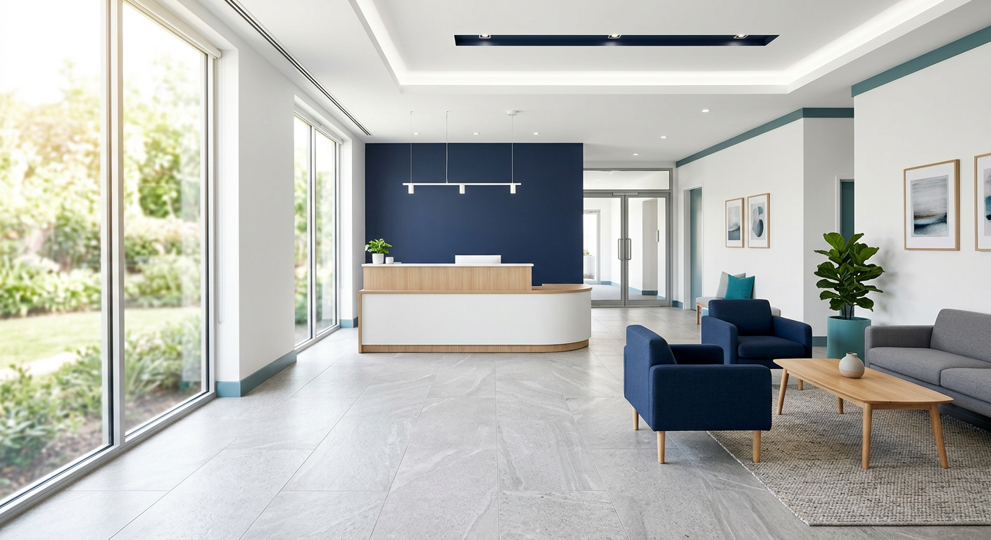 Bright, modern reception area of an outpatient clinic