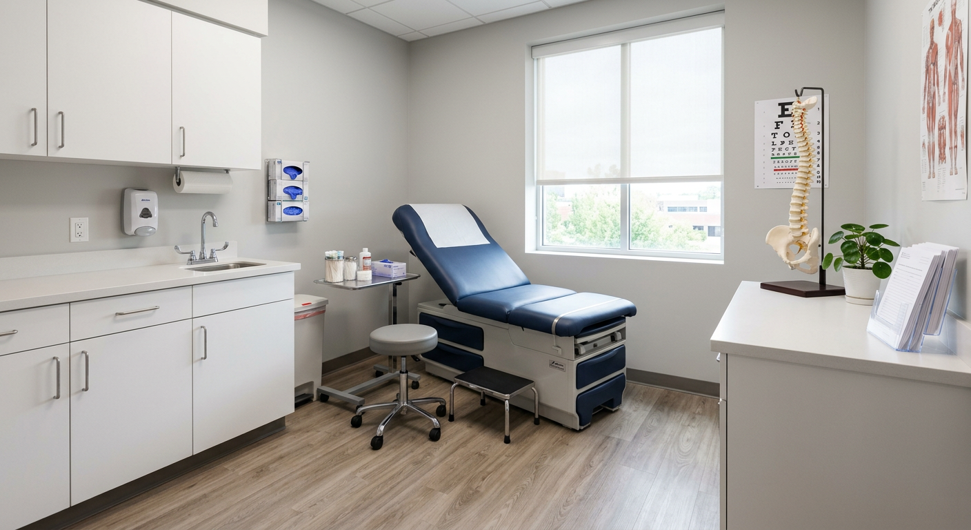 Clean, modern consultation room with an exam table